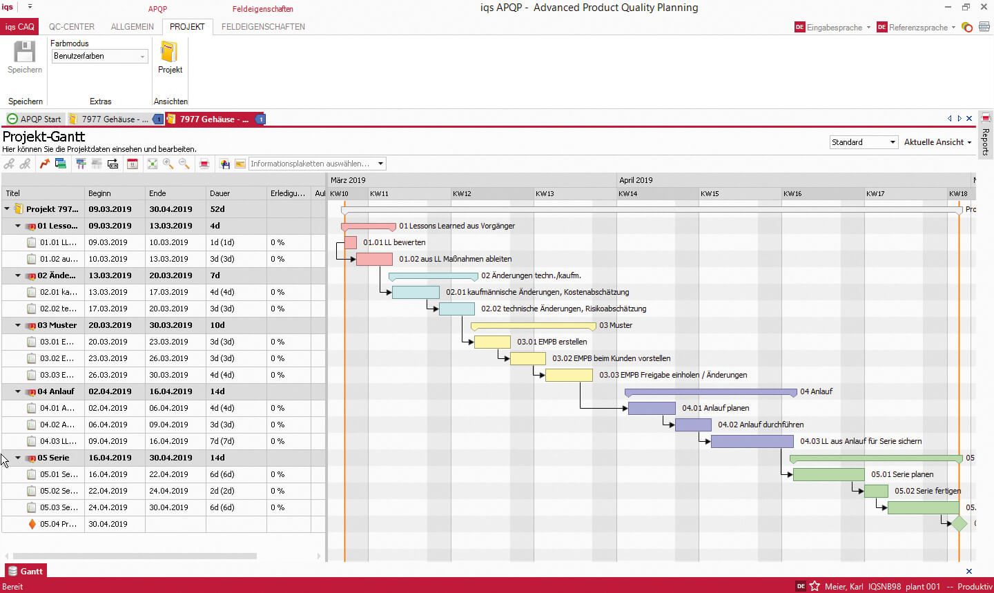 Softwarescreen Projekt-Gantt im Quality Center Modul APQP