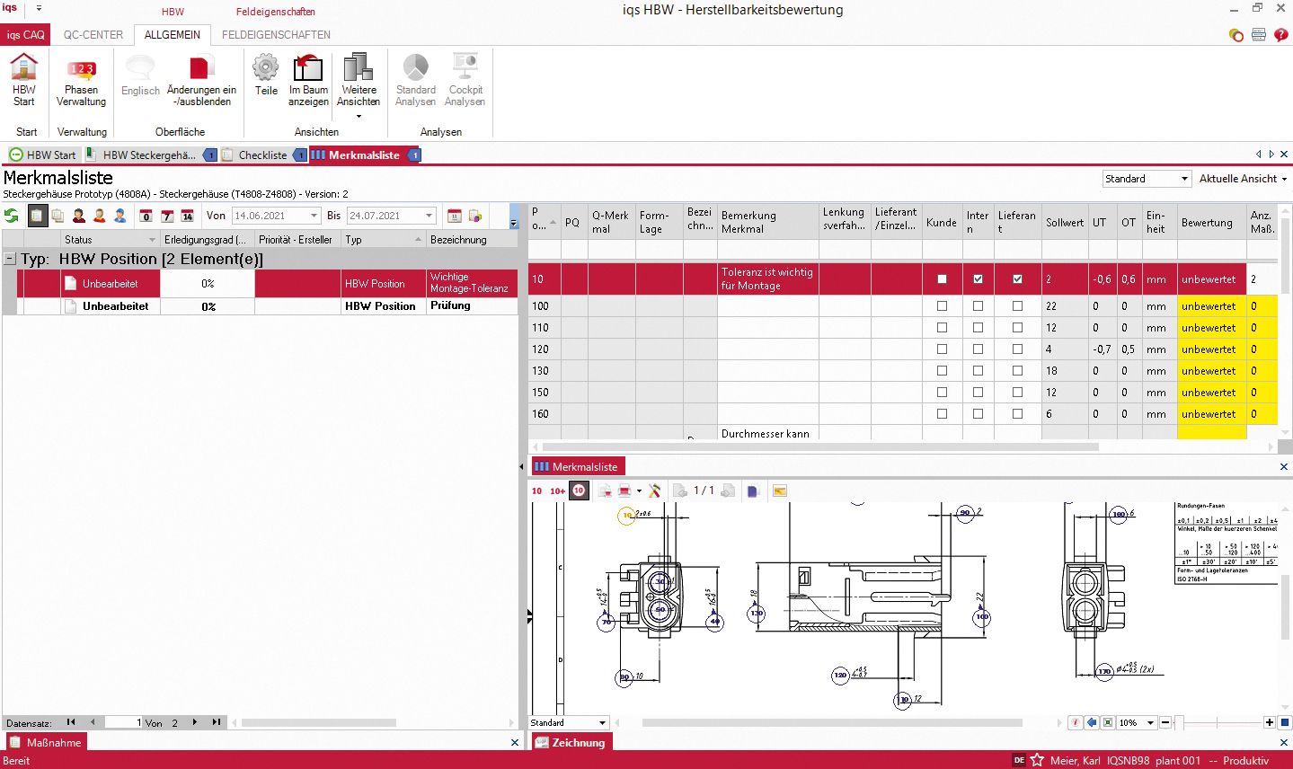 Softwarescreen Merkmalsliste Herstellbarkeitsbewertung inkl. 2D-Zeichnung