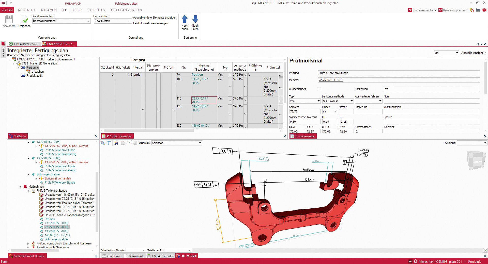 Softwarescreen Prüfmerkmal mit 3D-Modell