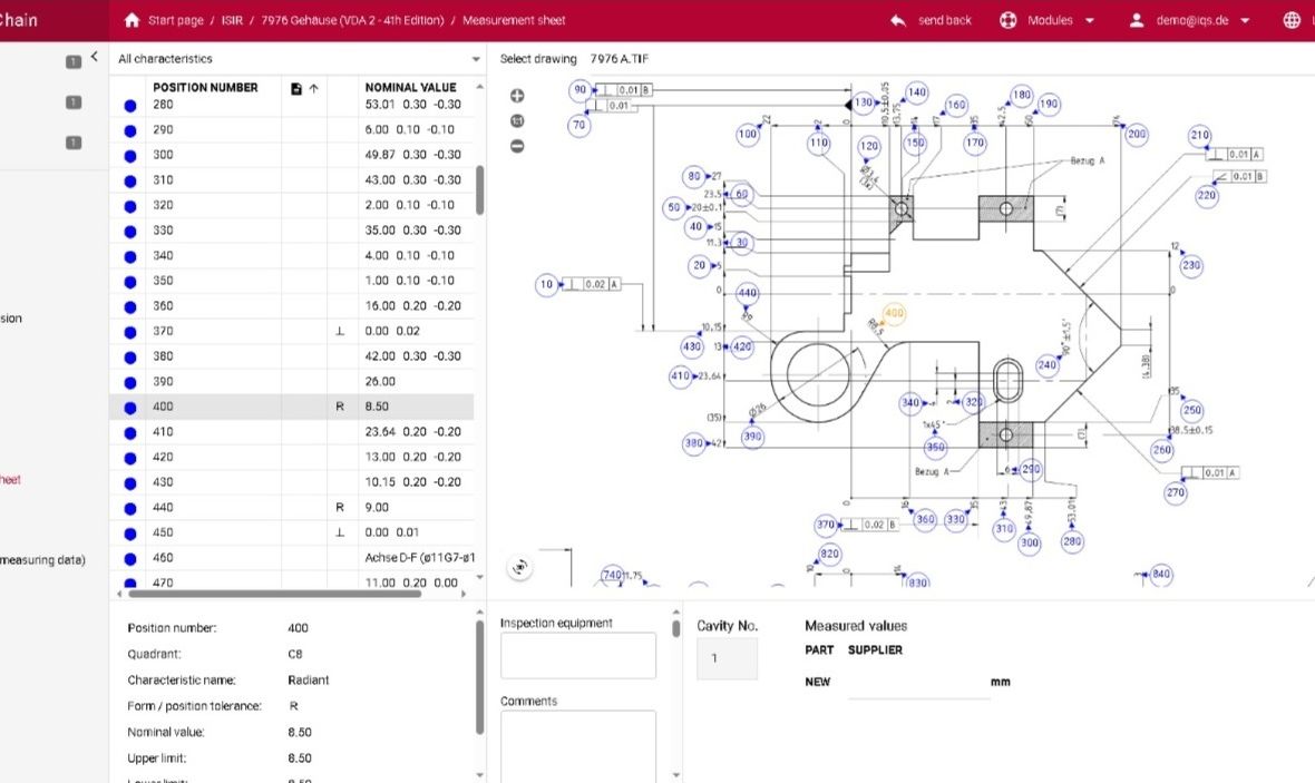 Softwarescreen Bemusterungsabwicklung mit 2D-Zeichnung
