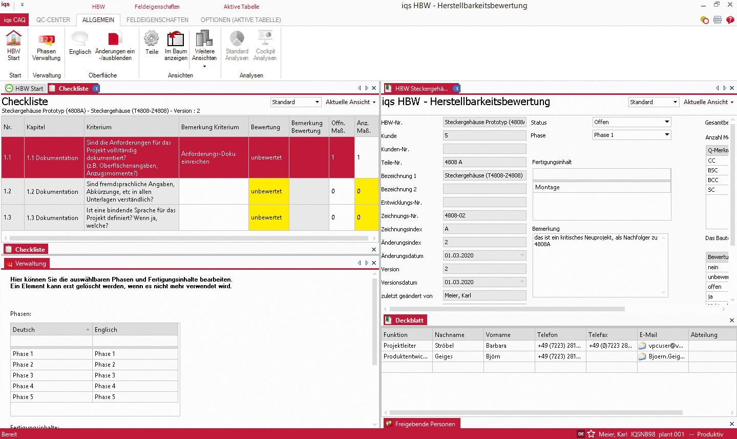 Softwarescreen Herstellbarkeitsbewertung mit Checkliste