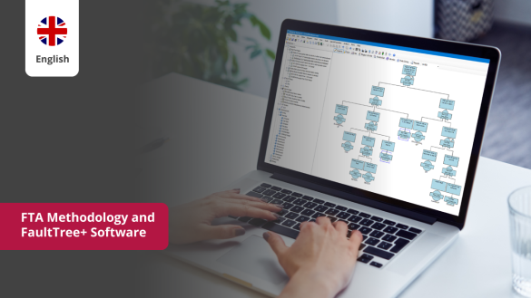 Person arbeitet am Laptop mit der FaultTree+ Software und erstellt eine Fehlerbaum-Analyse (FTA Methode).