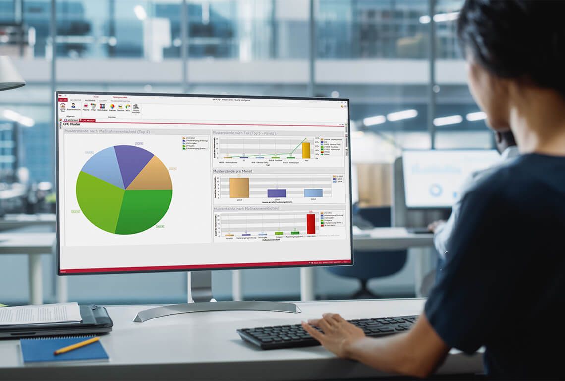 Eine Frau erfasst am Computer Qualitätskennzahlen
