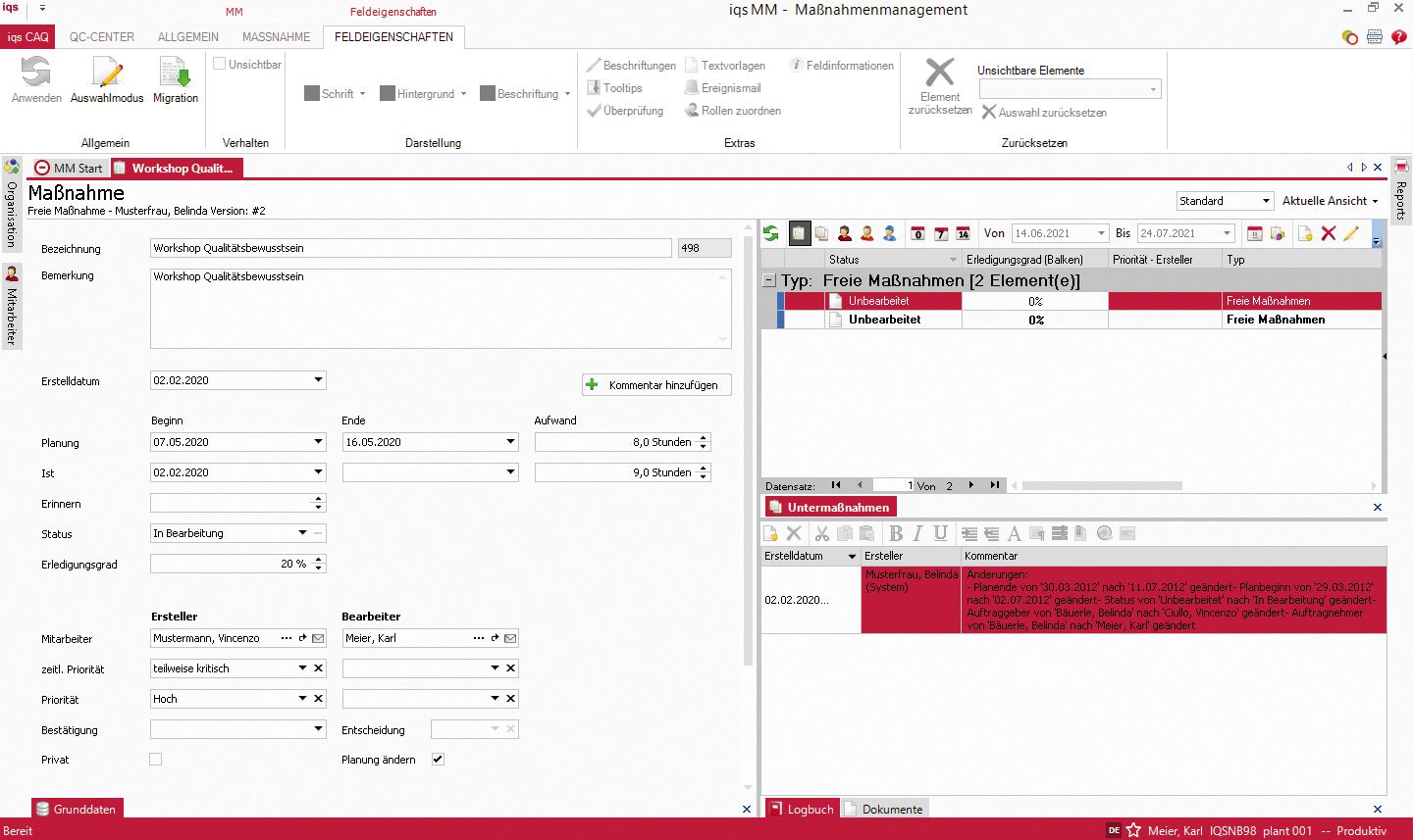 Softwarescreen Bearbeitung von Maßnahmen und Untermaßnahmen