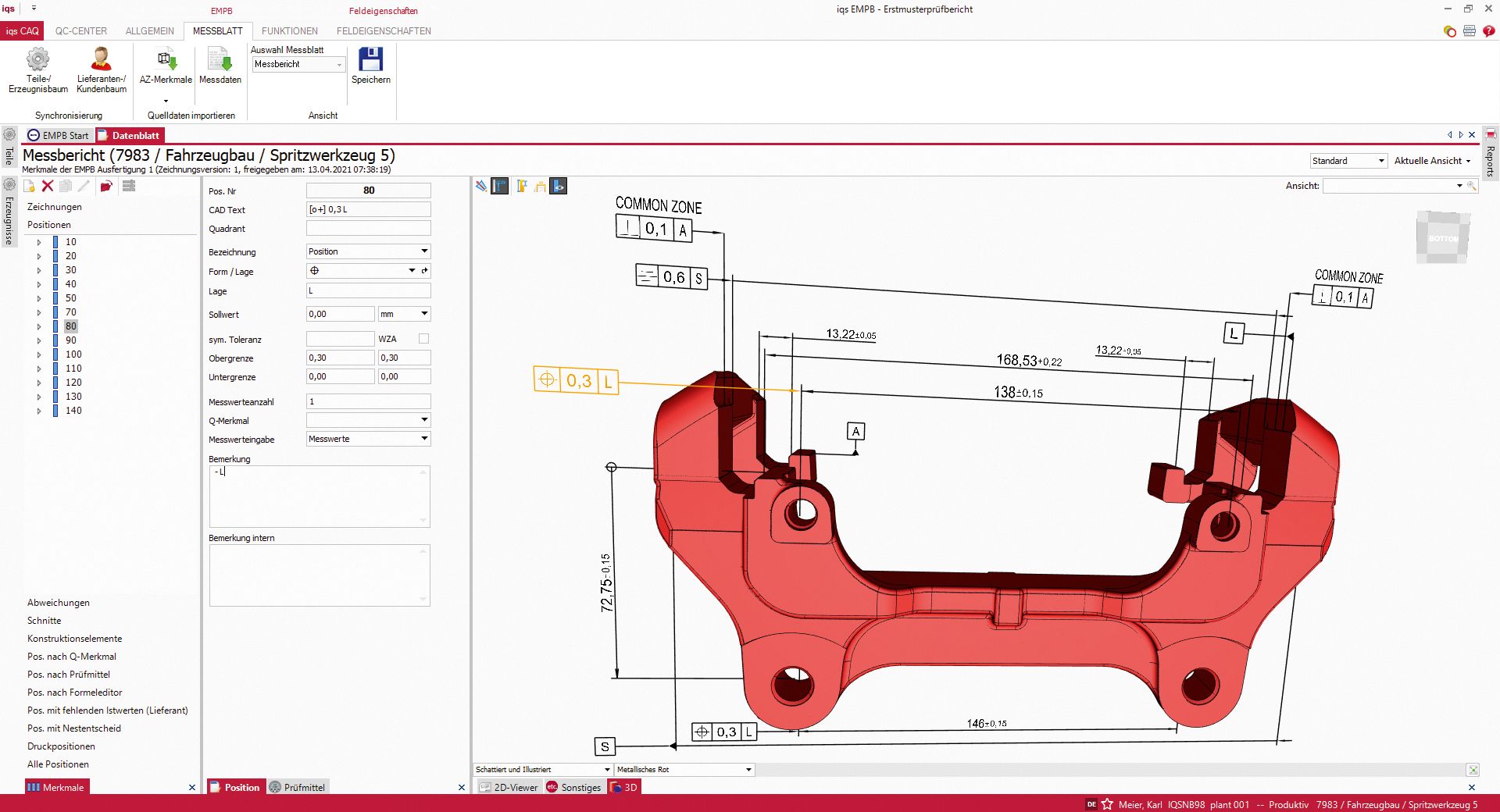 Softwarescreen eines Messberichts mit 3D-PDF