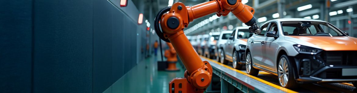 Industrieroboter montiert Fahrzeuge auf einem modernen Fertigungsband in der Automobilproduktion.