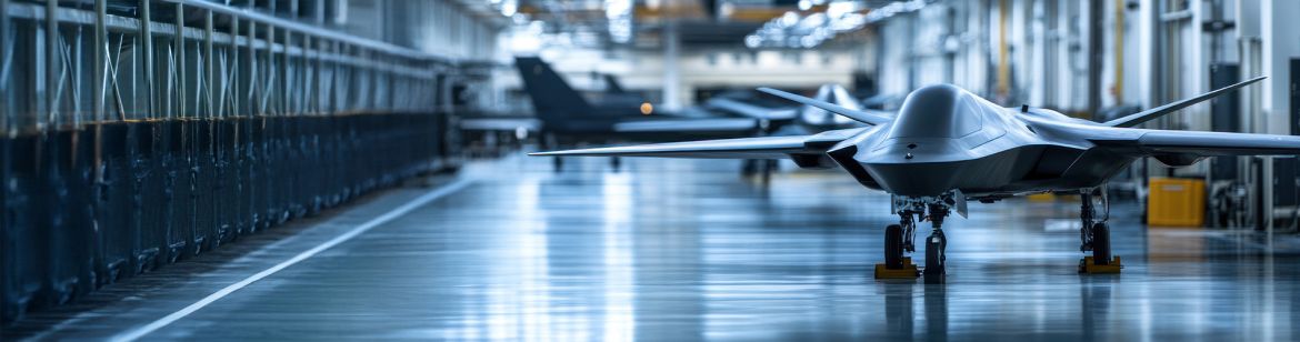 Kampfdrohne in einer Fertigungshalle der Luft- und Raumfahrtindustrie