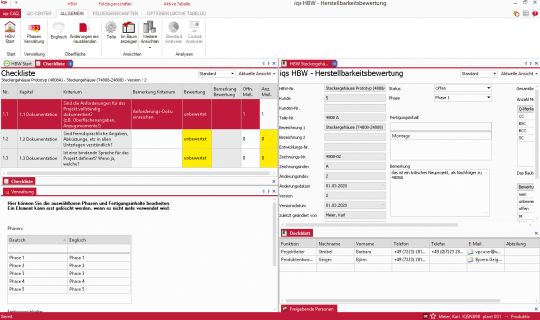 Softwarescreen Herstellbarkeitsbewertung mit Checkliste