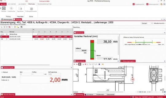 Softwarescreen Wareneingangsprüfung mit technischer Zeichnung