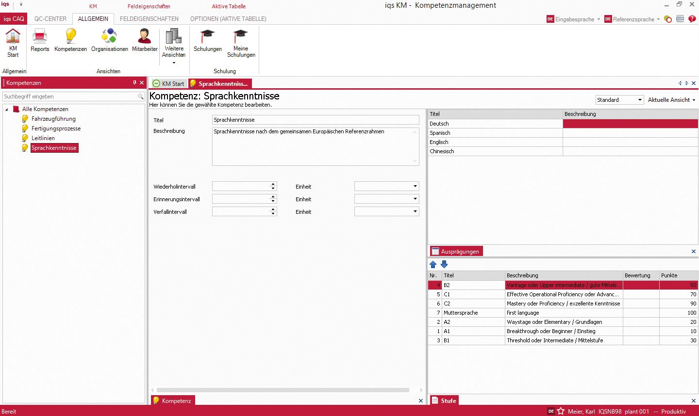 Softwarescreen Soll-, Ist-Vergleich der Kompetenzanforderungen