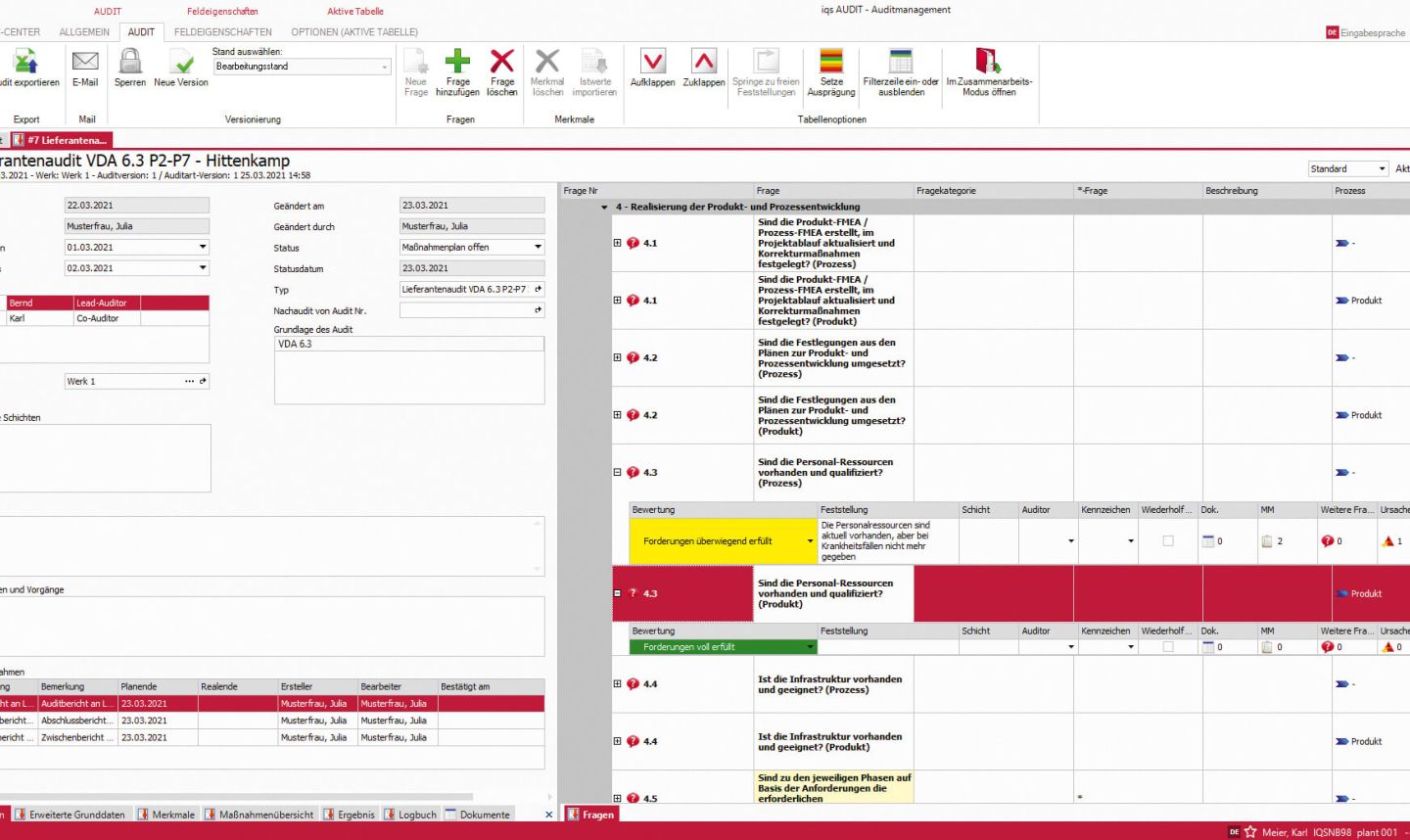 Softwarescreen Fragenkatalog für Lieferantenaudit