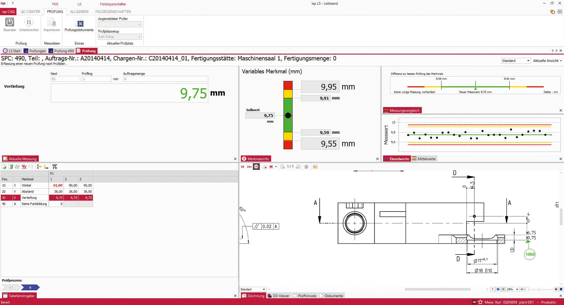 Softwarescreen PeakAvenue Pruefdatenerfassung mit CAD-Zeichnung