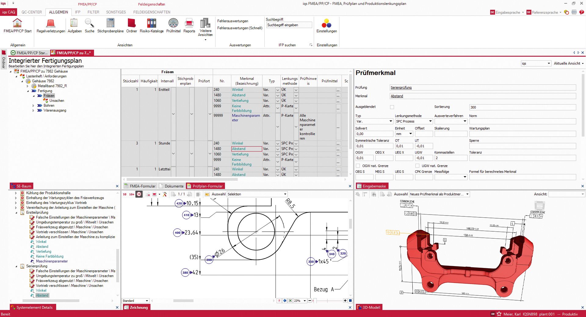 Softwarescreen Prüfmerkmal mit integrierte 2D-Zeichnung und 3D-PDF