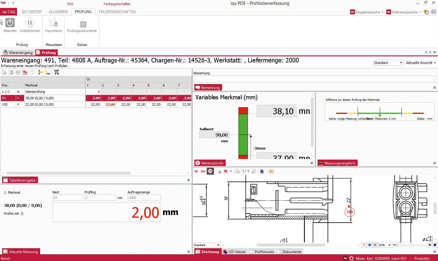 Softwarescreen Wareneingangsprüfung mit technischer Zeichnung