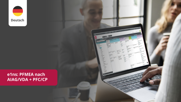 Teilnehmende besprechen am Laptop eine Prozess-FMEA in e1ns nach AIAG/VDA-Standard mit PFC und Control Plan.