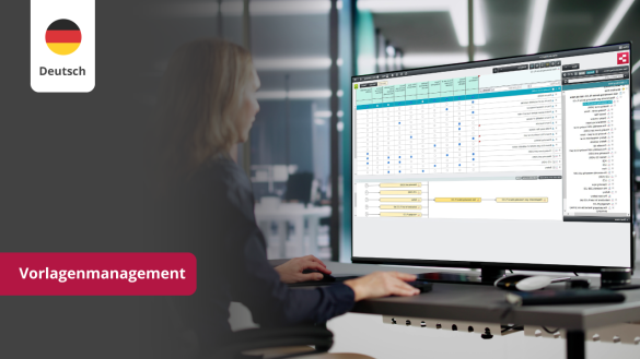 Eine Person arbeitet am Computer im e1ns-System und verwaltet Vorlagen zur Standardisierung und Prozessoptimierung.