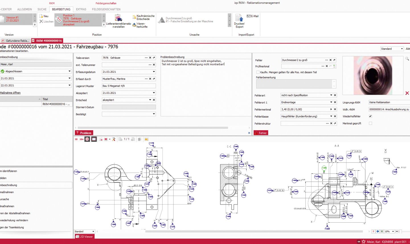 Softwarescreen Problembeschreibung einer Reklamation mit 2D-Zeichnung