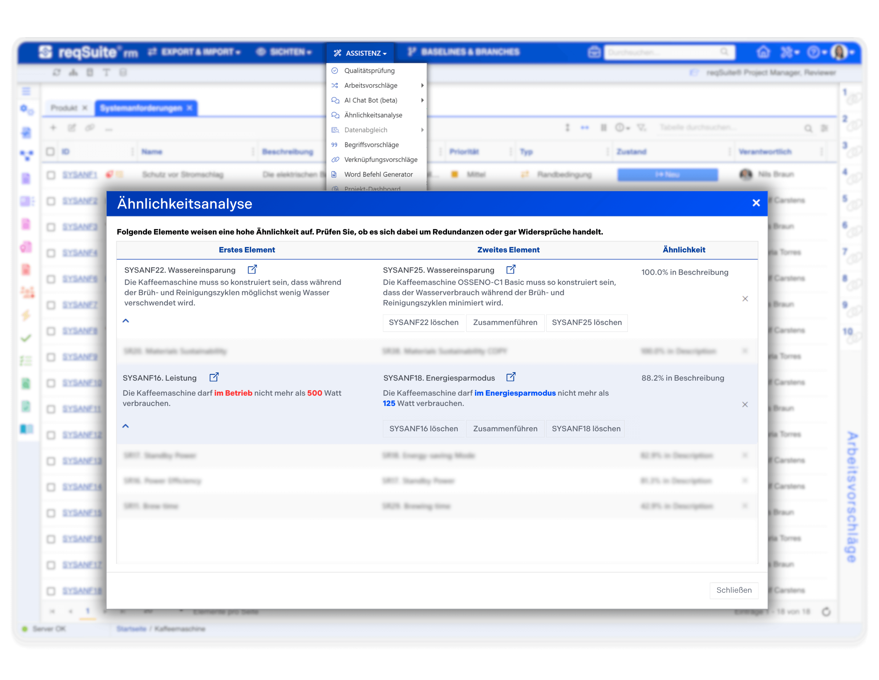 Benutzeroberfläche der Requirements-Management-Software reqSuite® rm mit Ähnlichkeitsanalyse zur Erkennung redundanter oder widersprüchlicher Anforderungen