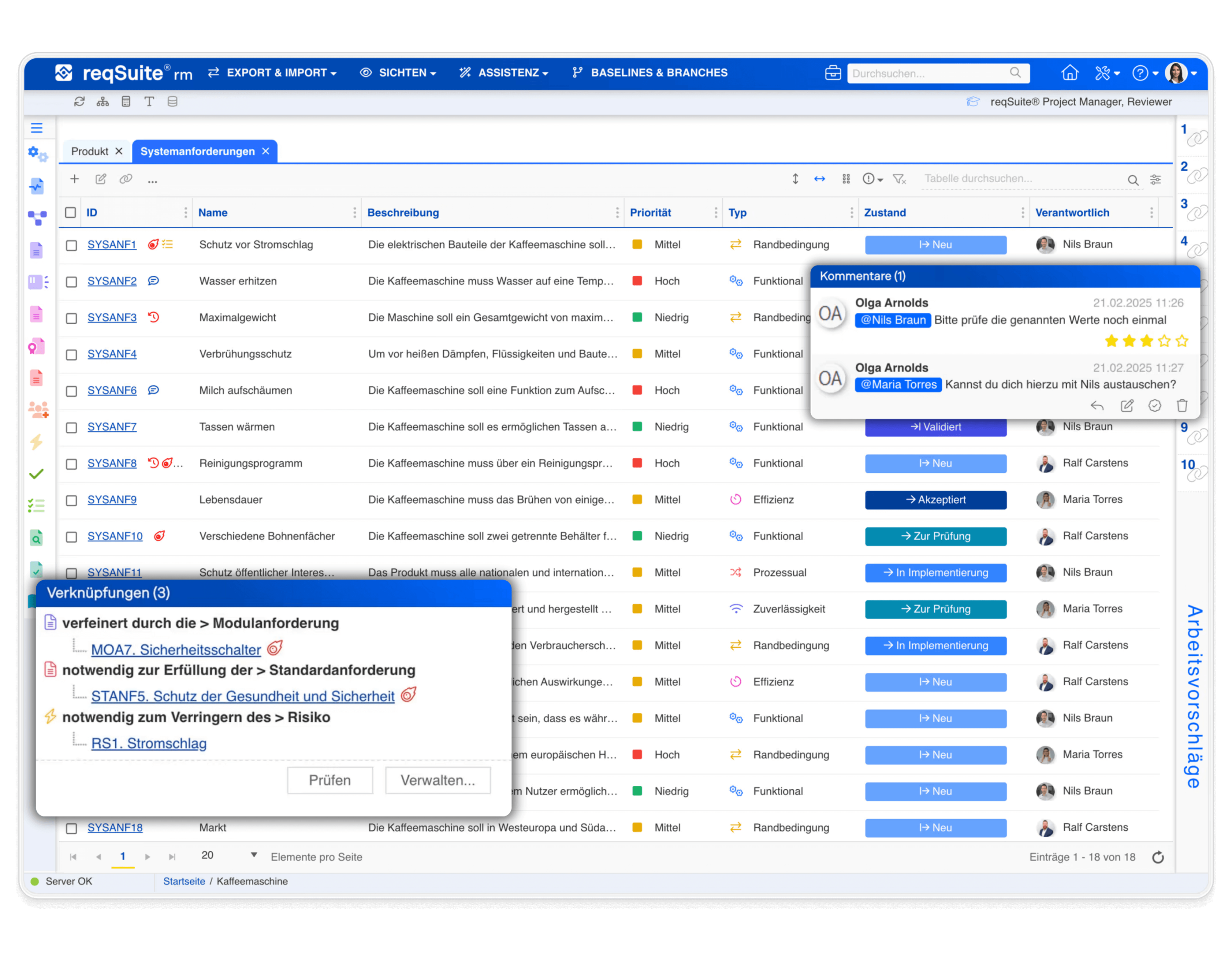 Benutzeroberfläche der Requirements-Management-Software reqSuite® rm mit strukturierten Anforderungen, Prioritäten, Zuständen, Verantwortlichkeiten und Kommentarfunktionen