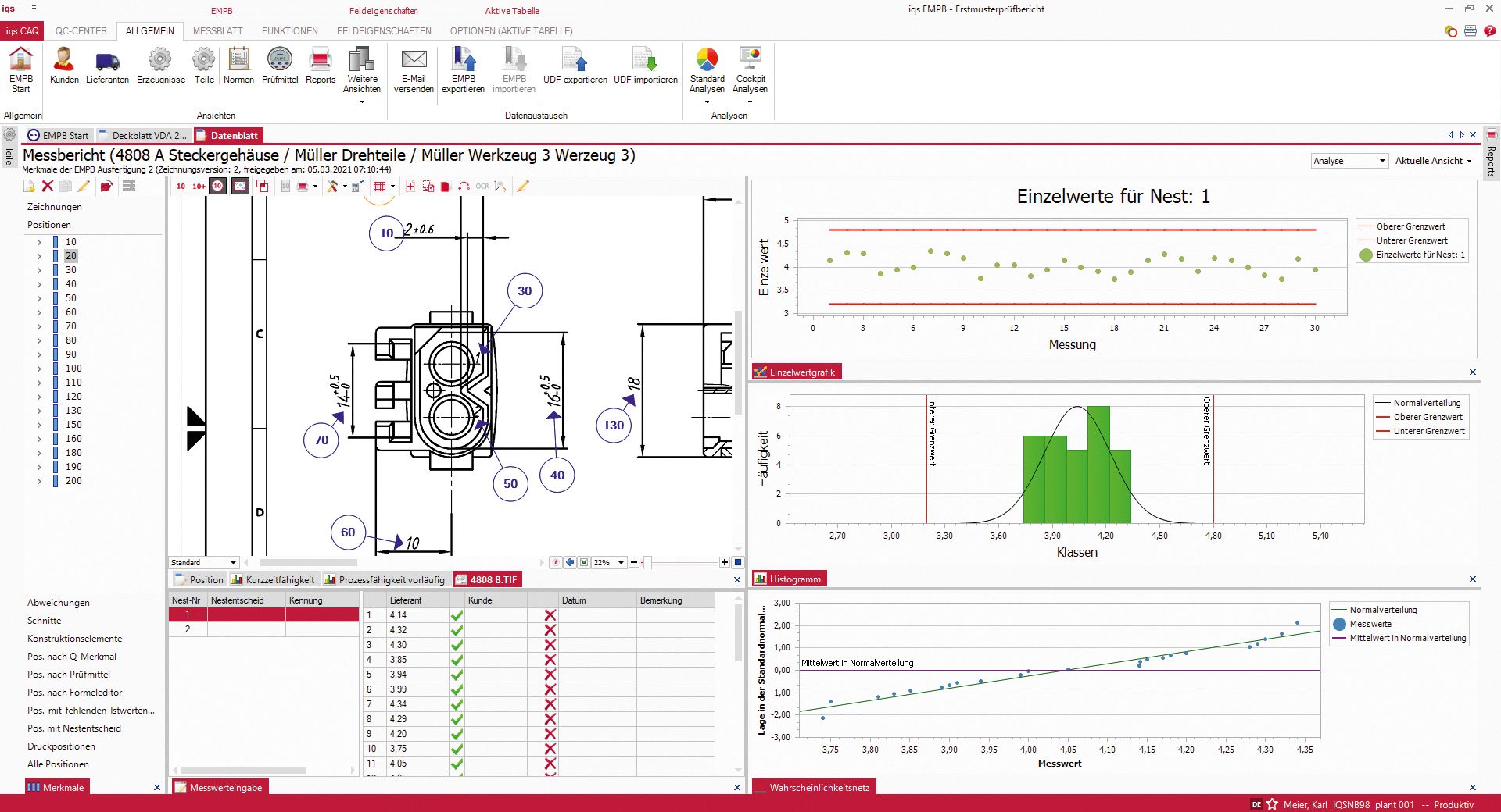 Softwarescreen mit Statistische Auswertungen und Grafiken einer Bemusterung