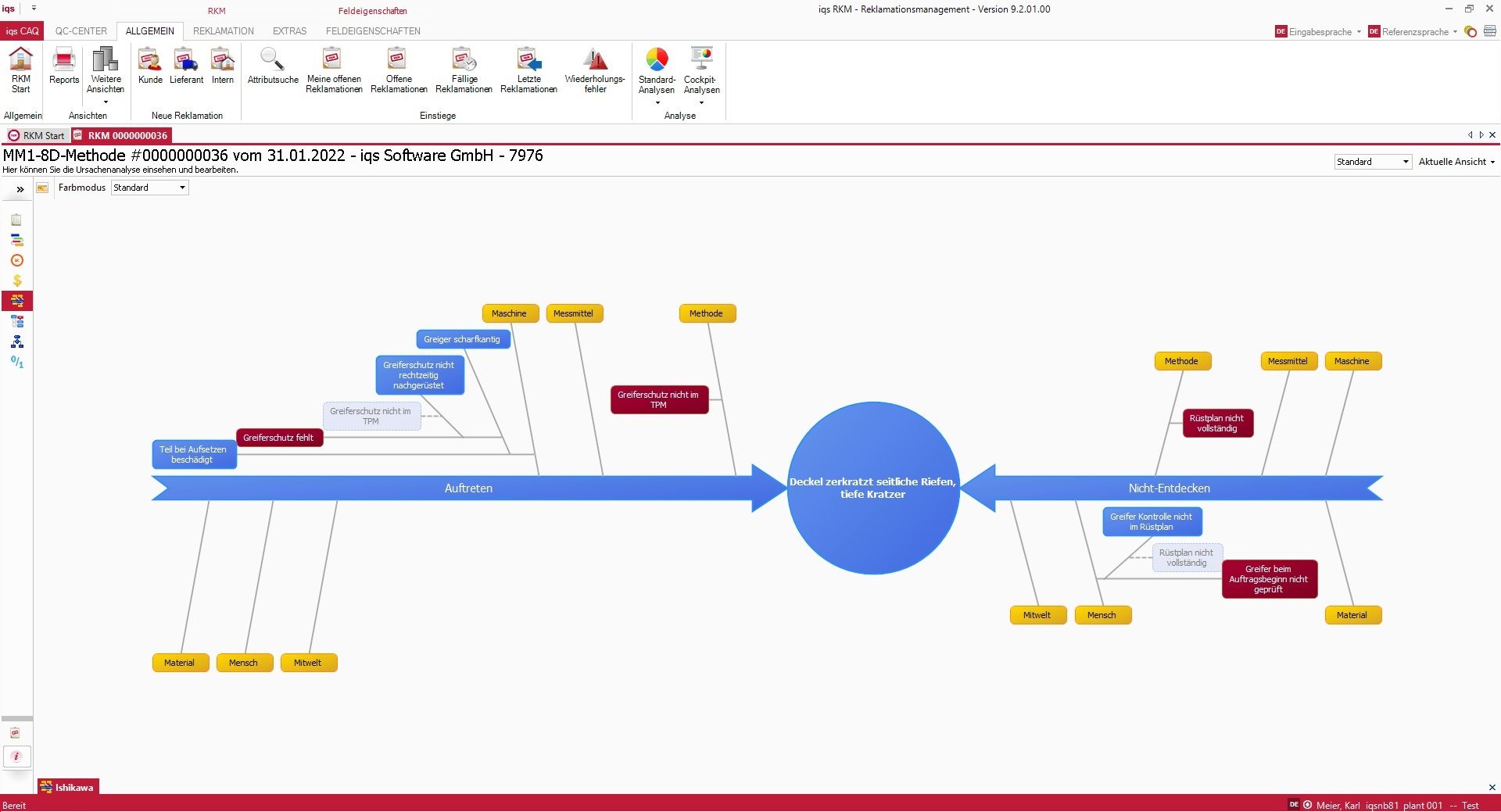 Softwarescreen Reklamationsbearbeitung mit Ishikawa-Diagramm