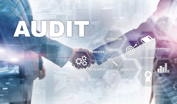 Das Wort Audit steht groß im Vordergrund, dahinter stehen zwei Geschäftsmänner und geben sich die Hände