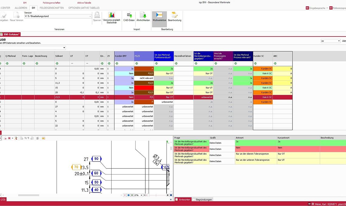 Softwarescreen Übersicht Besondere Merkmale mit 2D-Zeichnung