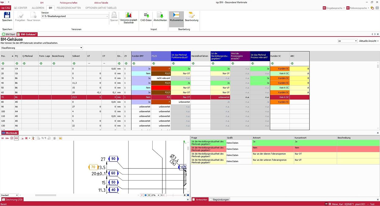 Softwarescreen Übersicht Besondere Merkmale mit 2D-Zeichnung