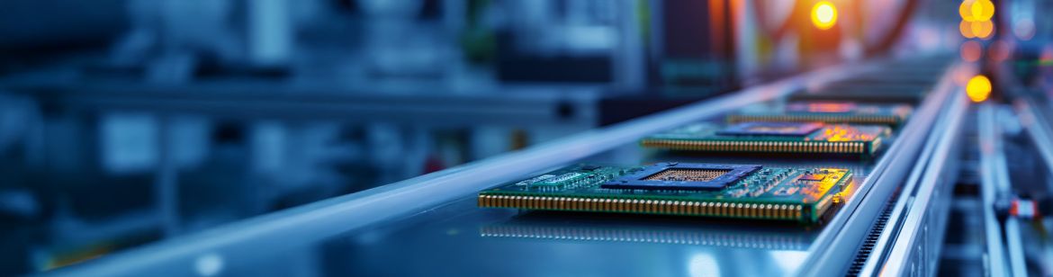 Mikrochips auf einem Förderband in einer automatisierten Elektronikfertigung