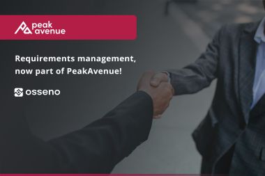 Zwei Geschäftspersonen geben sich die Hand; Text: ‚Requirements Management, jetzt Teil von PeakAvenue!‘ mit Logos von PeakAvenue und OSSENO