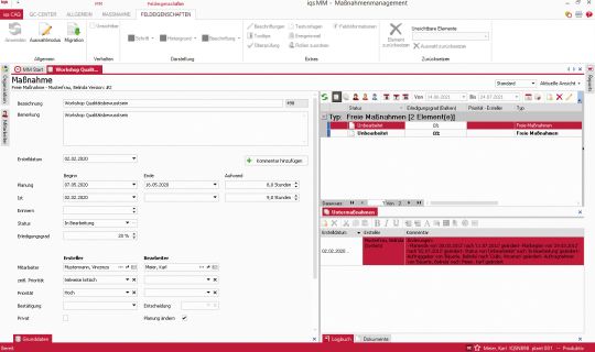 Softwarescreen Bearbeitung von Maßnahmen und Untermaßnahmen