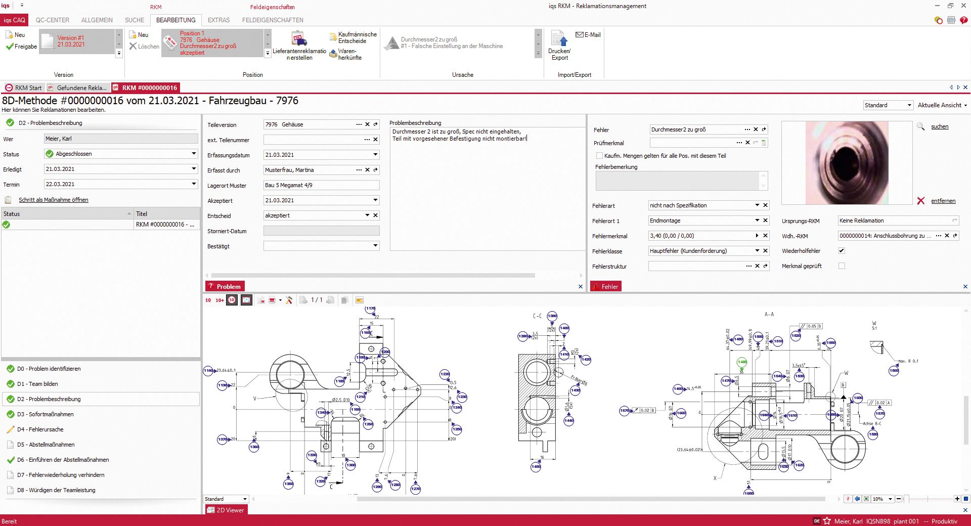 Softwarescreen Problembeschreibung einer Reklamation mit 2D-Zeichnung