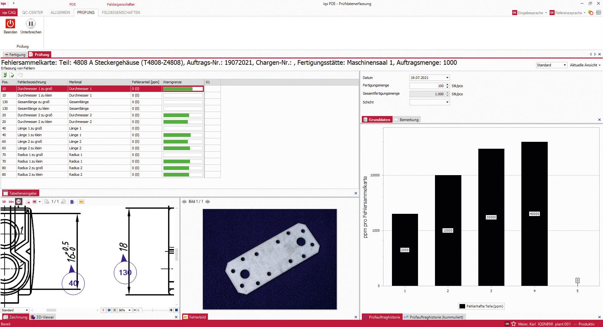 Softwarescreen PeakAvenue Prüfdatenerfassung für Fehlersammelkarte