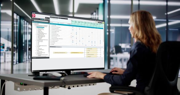 Frau sitzt vor einem Bildschirm und bearbeitet eine FMEA