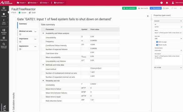 Übersicht von Analyseergebnissen mit Kennzahlen zu Ausfallwahrscheinlichkeit, Risiken und Minimal Cut Sets