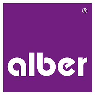 Alber-Logo mit weißem Schriftzug auf lila Hintergrund.