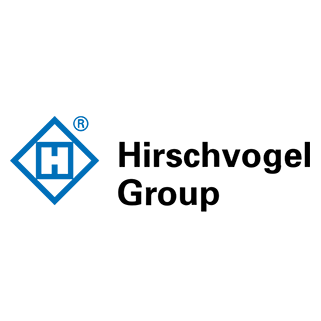 Hirschvogel Group-Logo mit blauem Schriftzug und stilisiertem H-Icon.