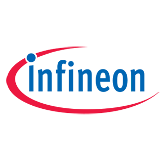 Infineon-Logo mit blauem Schriftzug und rotem Bogen.