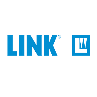 Link-Logo mit hellblauem Schriftzug und quadratischem Symbol.