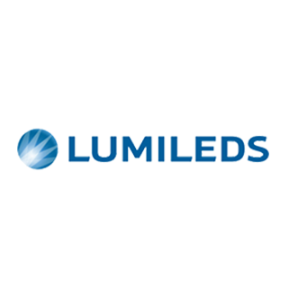 Lumileds-Logo mit abstraktem Symbol und blauem Text.