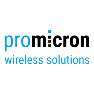 Promicron Wireless Solutions-Logo mit hellblauem „pro“, schwarzem „micron“ und stilisiertem „i“ im Schriftzug.